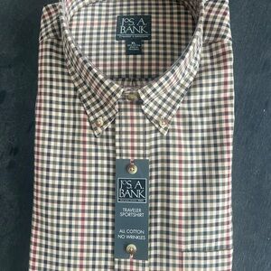Jos. A. Bank Men's Plaid Shirt - Black, Tan, and Red
